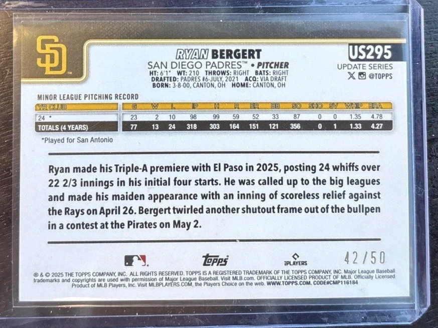 Ryan Bergert 2025 Topps Update Gold Diamante RC #US295 San Diego Padres /50 - Image 3 of 3