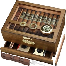 Glass Top Desktop Cigar Humidor, Cedar Wood Cigar Case with Digital Hygrometer,