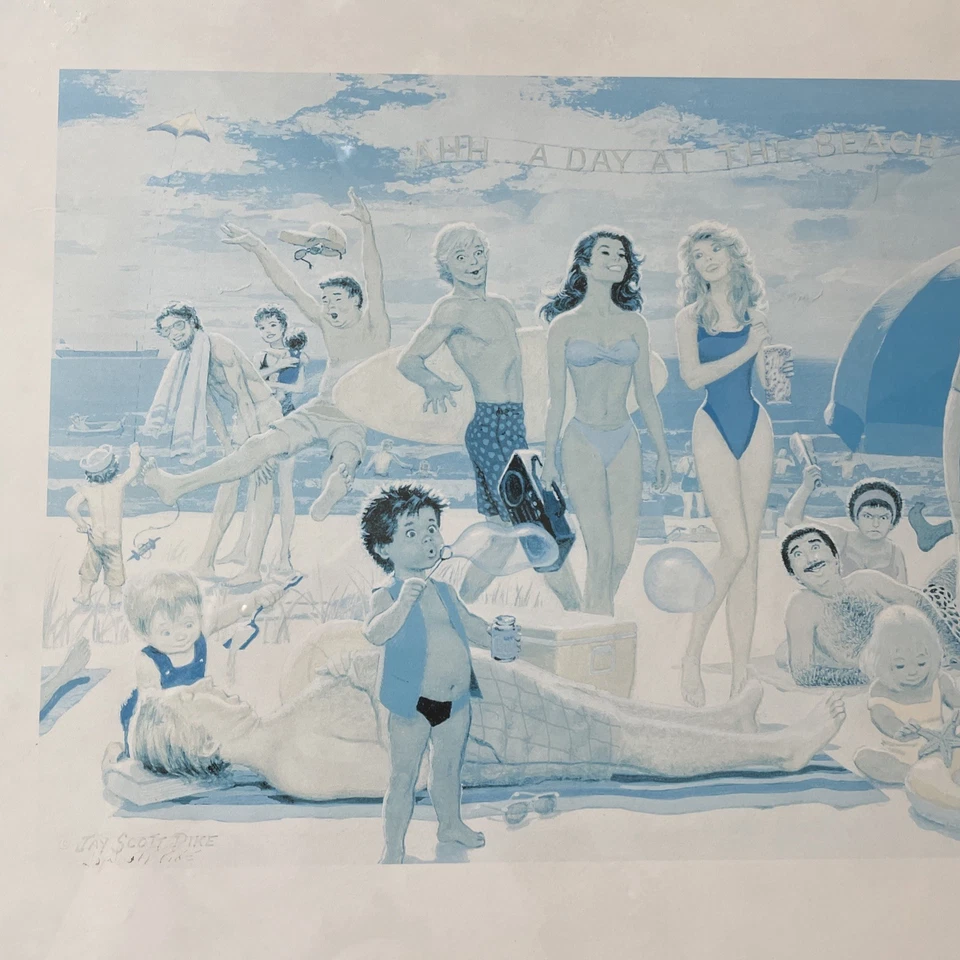 Arte enmarcado ilustración rara firmada por Jay Scott Pike A Day At The Beach *solo uno* Foto 4 de 4