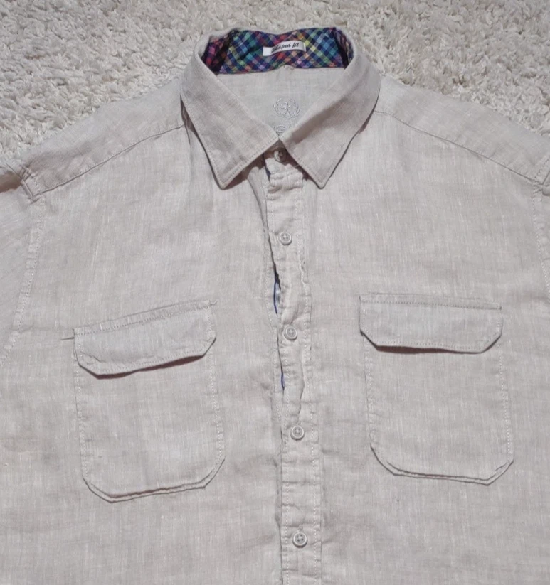 Bugatchi Uomo 100% Linen Shirt Men's Large Biege Button Up Short Sleeve Casual - Image 2 of 4