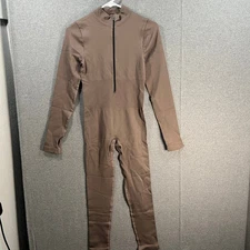 OQQ Women Long Sleeve Jumpsuits Workout Ribbed Bodysuits Brown Size M