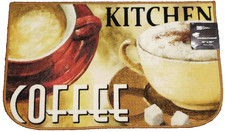 PRINTED NYLON KITCHEN RUG nonskid 18"x30" 2 COFFEE CUPS SUGAR, D shape,Cat