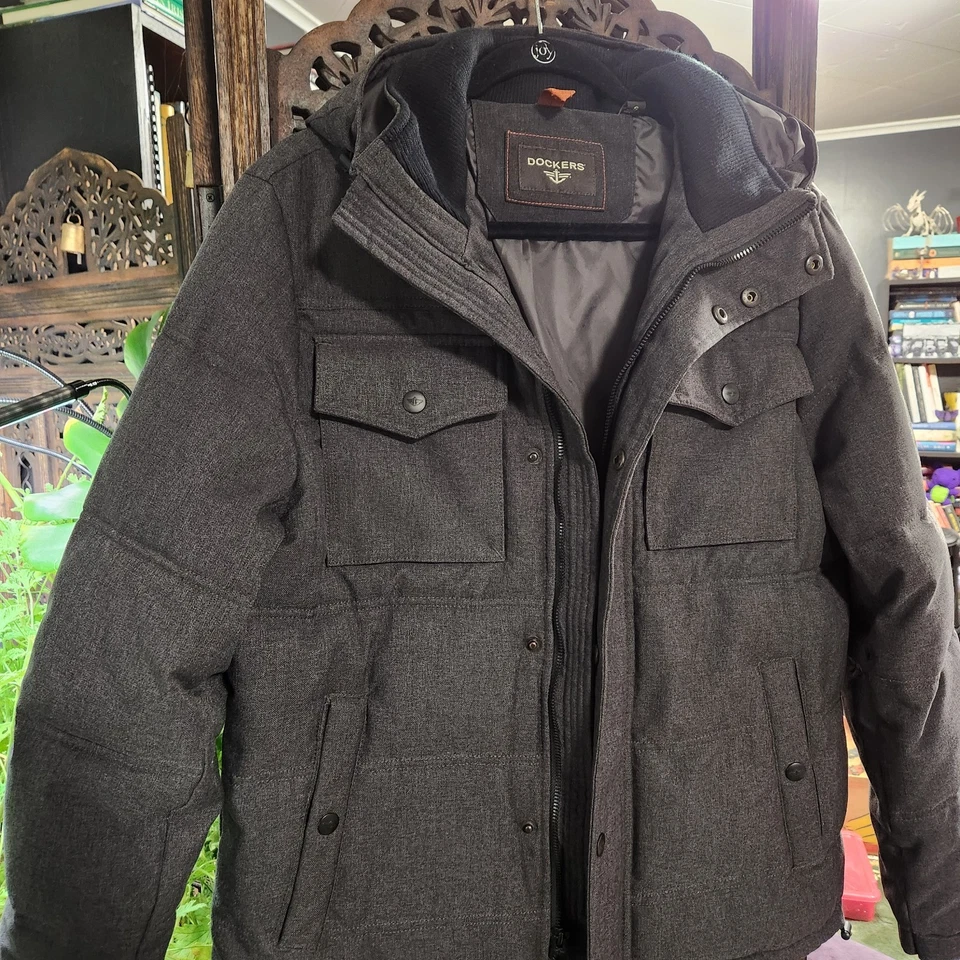 Dockers Size S Heavy Puffy Jacket Coat Heather Gray Very Warm Hood Snow Winter - Image 2 of 4
