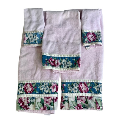 #ad Vintage R A Briggs 5pc Towel Set Pink Botanical Floral Pleated Ruffle USA READ $34.99