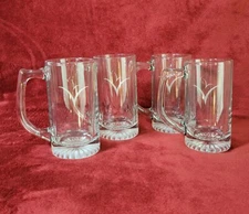 4 Etched Glass Beer Mugs Steins Handles Seagulls Birds Ocean Beach Cottage Cabin