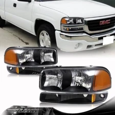 For 99-06 GMC Sierra 1500 2500 Black Headlights+Bumper Amber Reflector Lamps