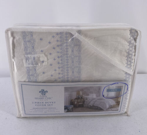 Simply Shabby Chic 2 Piece Twin Duvet Cover Set True White Blue Embroidered - 第 1/13 張圖片