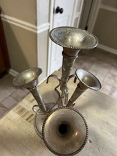 Vtg 4 Flute Silver Plate EPERGNE VASE CENTERPIECE India Hand Made International