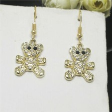 Cute Yellow Gold Enamel  Clear Crystal Teddy Bear Charm Hook Dangle Earrings