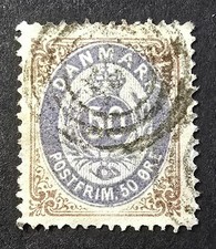Dania 1875 50 øre blålilla 1. druk (1b) Afa# 30a/Scott# 33a Numeral anuluj