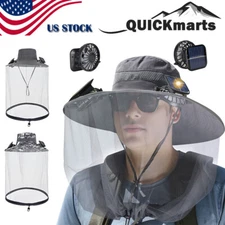 Solar Fan Cap with Mosquito Mesh Net Wide Brim Bucket Hat Outdoor UV Protection