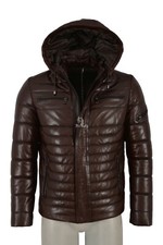 Herren Puffer Lederjacke braun Kapuze echtes Lammleder gesteppt Sport Hoodie Jacke
