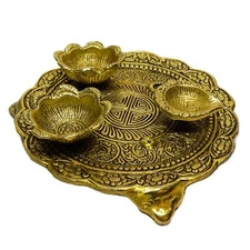 Pooja Thali with Diya for Pooja, Metal with Golden Finish from India 12"x7"x7"