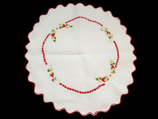 Vintage Round Doily Embroidered Red Strawberries Scalloped Trim 13"