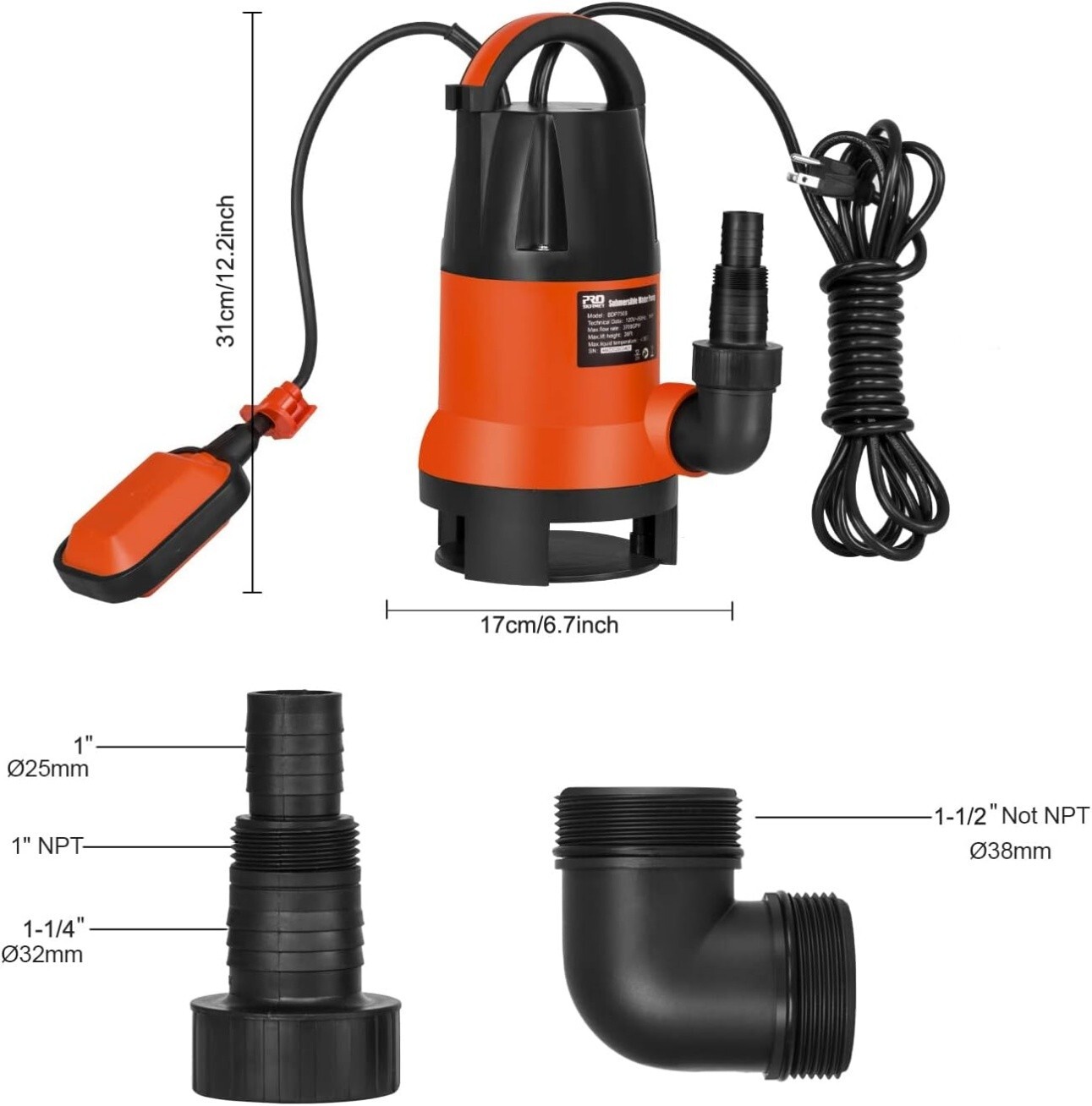 Bomba De Agua 1 HP Sumergible Para Pozo Acero Inoxidable 207 FT 33 GPM 110V 60Hz