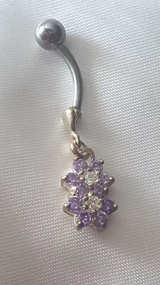 925 Silver 15mm PURPLE CZ Twin Flowers Dangle 12mm Navel Belly Bar