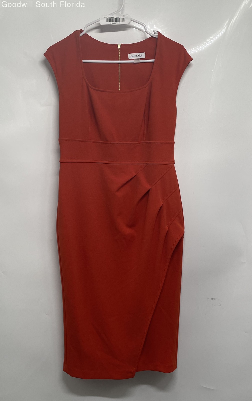 Calvin Klein Womens Orange Square Neck Side Pleated Back-Zip Sheath Dress Size 6