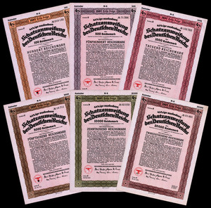 1937 Nazi Germany 6 Twelve Year Treasury Bonds RM100-20K Third Reich Finance VF+