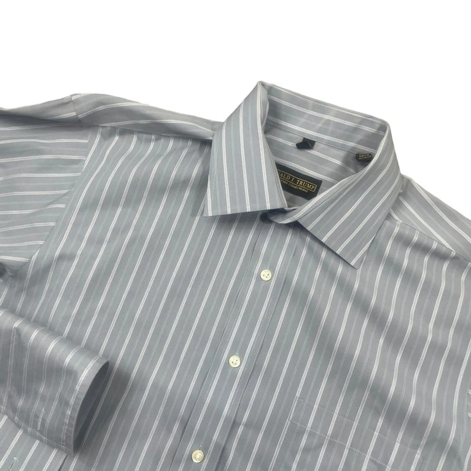 Donald Trump Signature Collection 16 34/35 French Cuff Pockets Gray white Stripe - Image 2 of 4