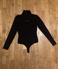 Womens Guess Black High Neck Long Sleeve Cotton Jersey Bodysuit with Logo Size S