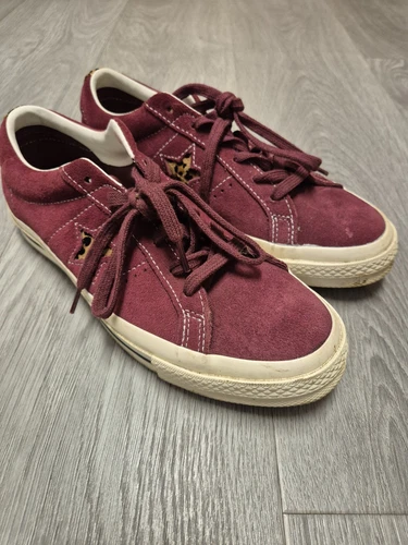 Converse Ox One Star scarpe da ginnastica in camoscio con stampa bordeaux e leopardata UK 6