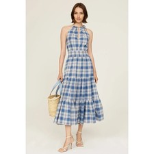 Polo Ralph Lauren Halter Maxi Dress Womens 6 Blue Plaid Smocked Tiered B65,b67