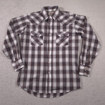 Ely Cattleman Shirt Mens Medium Brown Blue Plaid Western Pearl Snap Long Sleeve