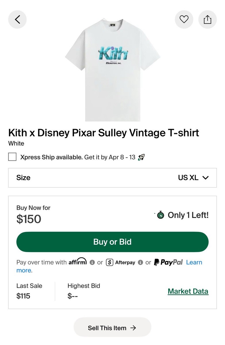 XL Kith Disney Pixar Monster's Inc Sully Vintage Tee Shirt - White