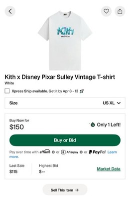 XL Kith Disney Pixar Monster's Inc Sully Vintage Tee Shirt - White