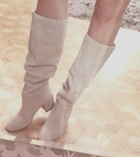ZARA NEW SAND ECRUE WHITE SUEDE SLOUCHY TALL BLOCK HEEL LEATHER BOOTS US 8 EU 39