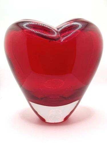 Vintage Murano Art Glass Red Heart Shape Vase Clear Base Solid Heavy 7”