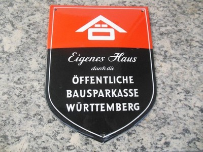 Emailschild Bausparkasse Württemberg ca 1950 toller zustand Boos Hahn Pyro Email