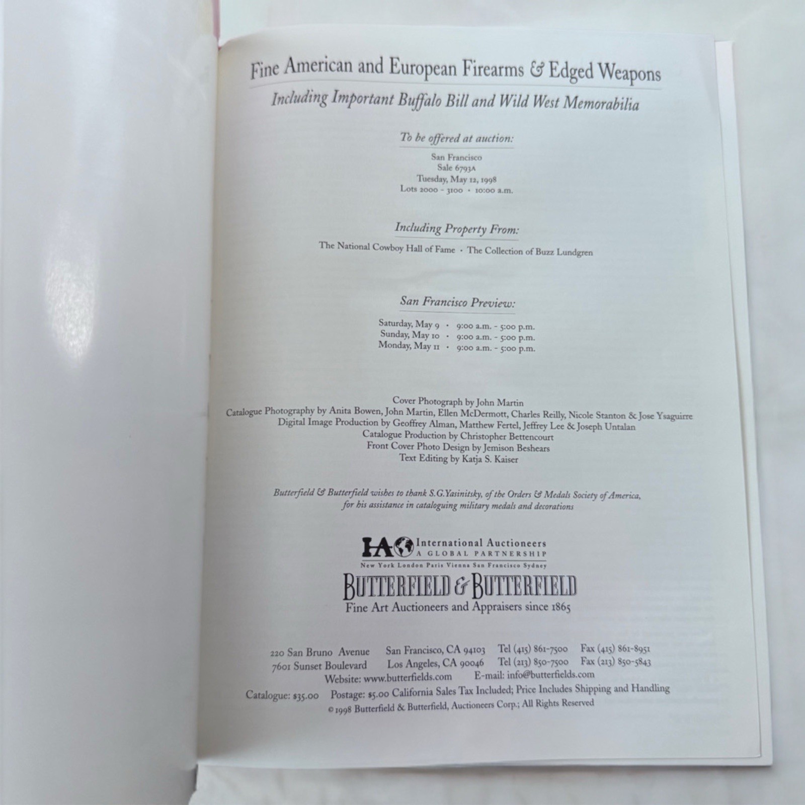 1998 Butterfield Firearms & Edged Weapons Auction Catalog Buffalo Bill Wild West