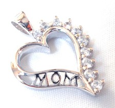 MOTHERS DAY "MOM" Heart-Shaped Pendant Studded w/ CZ Gems .925 STERLING SILVER