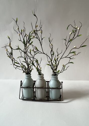 Small Glass Bottles Light Blue And Gray With Flowers And Carrier Farm Country - Picture 1 of 13