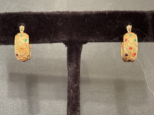 14K Yellow Gold Enamel Gem Ruby, Sapphire, and Emerald Huggie Hoop Earrings - Picture 8 of 11