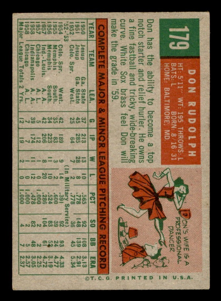 1959 Topps Baseball #179 Don Rudolph EX *f1 | eBay