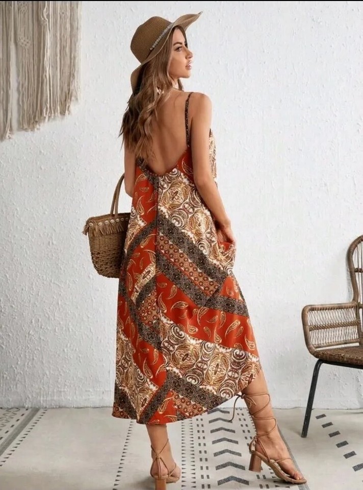 BACKLESS Cami Slip Dress Rust Brown Cream XS - S  Adjustable Thin  Straps New
