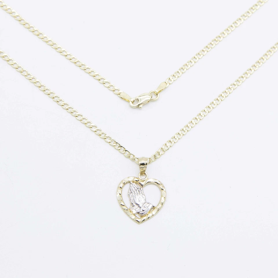 Collar Colgante Manos en Corazón Rezando 3/4" Oro Amarillo Blanco Real 10K Foto 4 de 4
