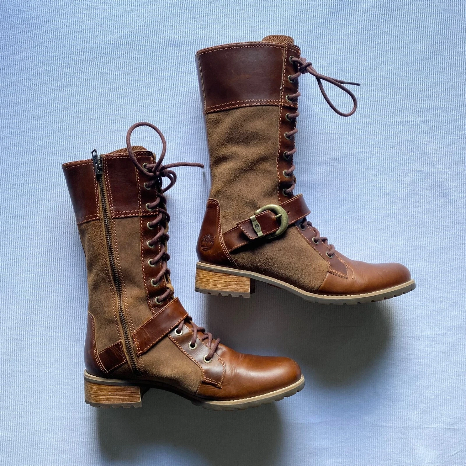 Stivali Timberland Bethel taglia 8 5 alti metà polpaccio stringati fibbia pelle marrone scamosciata