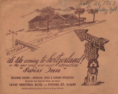 Vintage SWISS INN Restaurant Advertisement Los Angeles California 1957