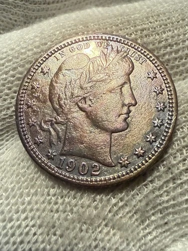 1902 Barber Silver Quarter AU + High Grade Original Shipwreck Effect