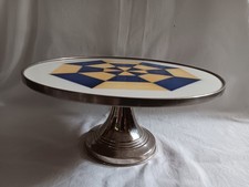 Theodor Paetsch Art Deco Tortenplatte auf Fu&szlig; Tortenstand Spinnennetz Blau Gelb