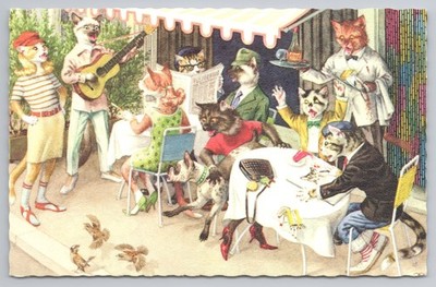 Vintage Alfred Mainzer anthropomorphe Katzen Cafe Szene Postkarte Nr. 4976 unbespielt