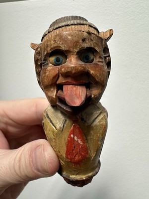 Vintage Antique Hand Carved Wood Bottle Stopper Crazy Face Man Moving Tongue