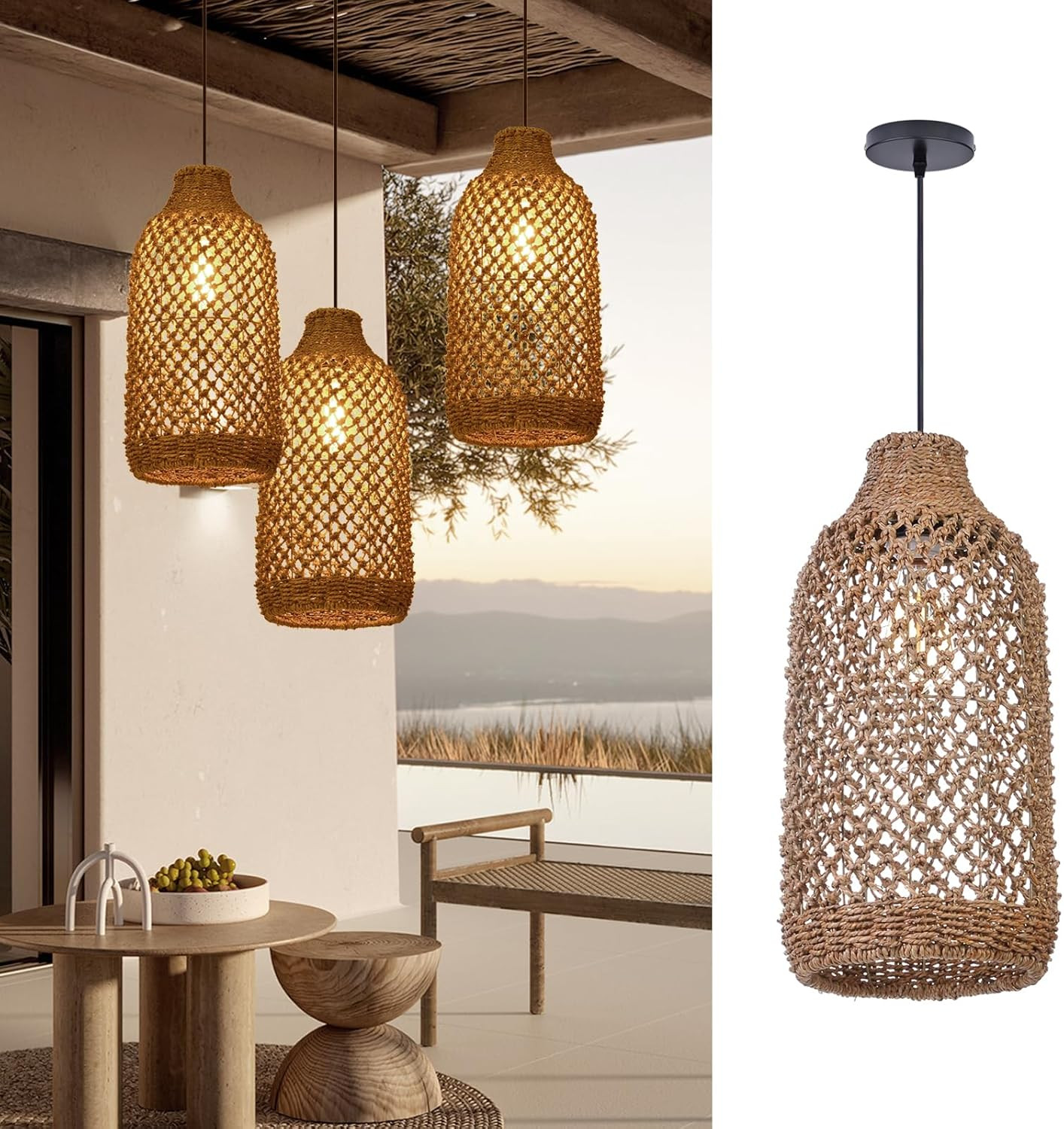 Boho Rattan Pendant Light Fixture - Farmhouse Wicker Chandelier for Dining Room