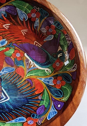 Nuevo Vallarta Mexican Folk Art Peacock Bird Hand Painted Wooden Bowl Signed 12" - Picture 3 of 17
