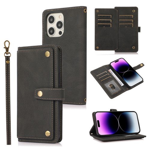 Funda protectora abatible con ranuras para tarjetas de crédito billetera con soporte de cuero con cordón para Apple iPhone - Imagen 23 de 49