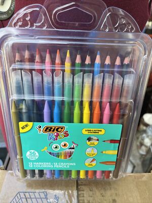 BIC Kids Coloring Kit 36 Piece Combo Pack, 12 Markers 12 Crayons 12 Pencils NEW