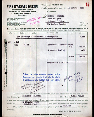 AMMERSCHWIHR (68) VINS d'ALSACE SYLVANER / Viticulteur ''KUEHN'' Facture en 1960